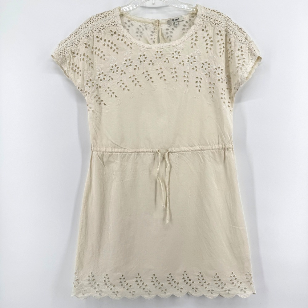 Madewell Eyelet Drawstring Waist Dress Ivory Cotton Size 0 Short Sleeve